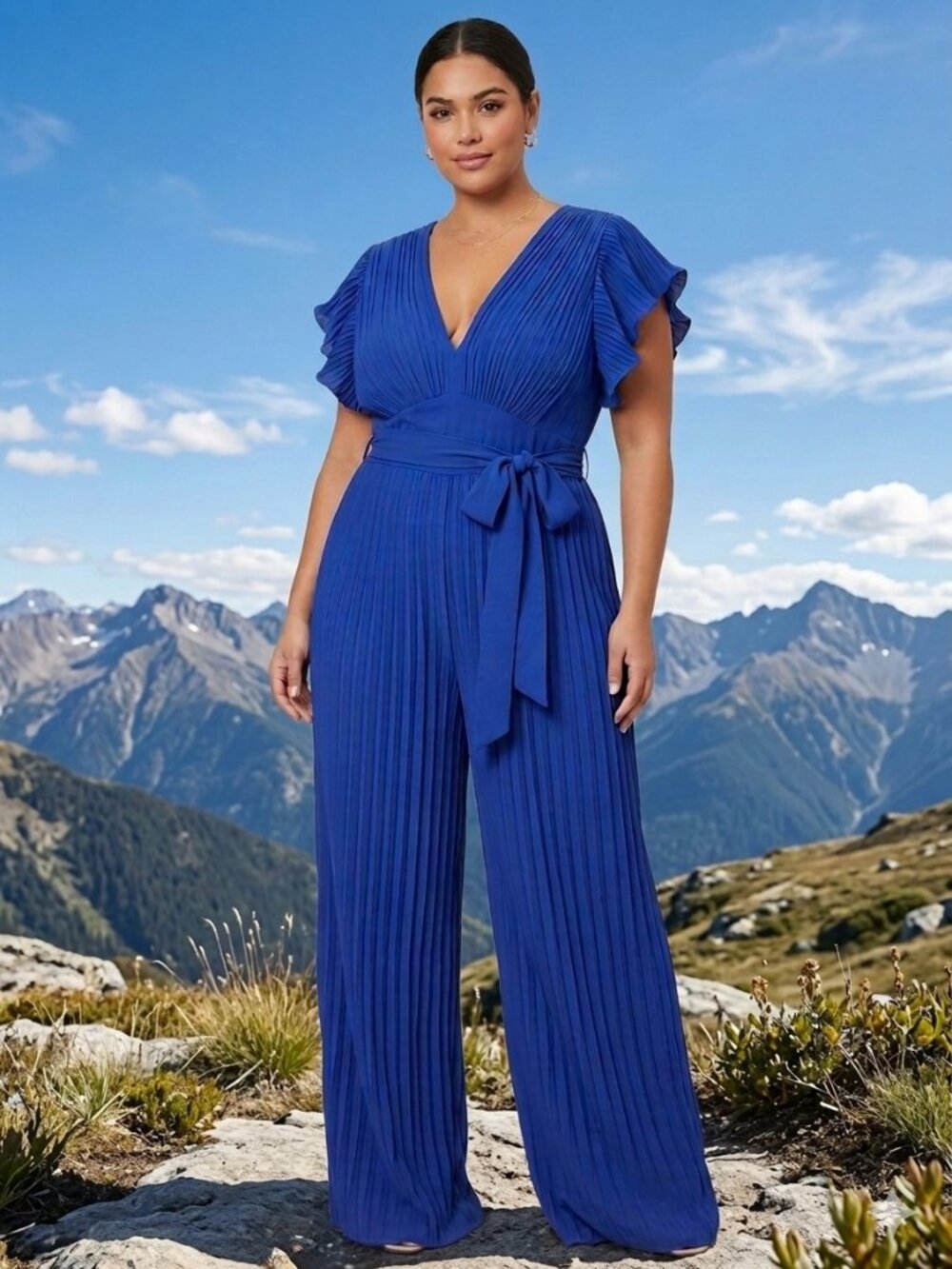 Elenzga SHEIN Royal Blue Pleated Wide Leg Jumpsuit Ruffle V-Neck XL NWOT